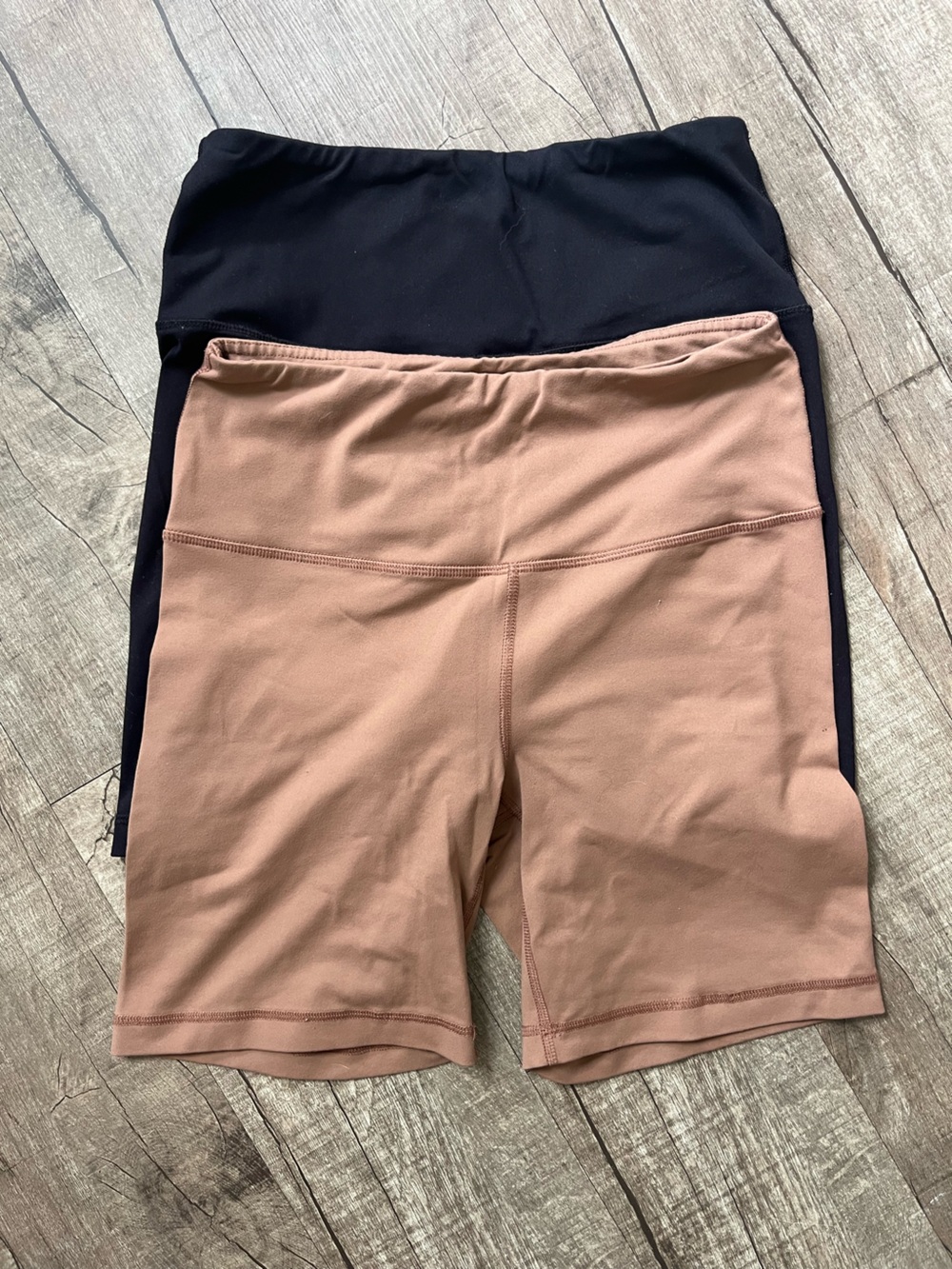 High waisted nude and black biker shorts
